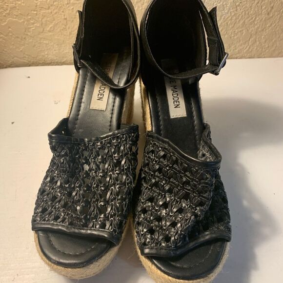 Steve Madden Black Basket Weave Wedge Platform Leather and Rope Sandall Size 7M - Picture 8 of 8